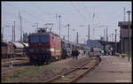 243309 hält hier am 5.5.1990 mit dem Personenzug nach Leipzig um 11.02 Uhr im Bahnhof Torgau.