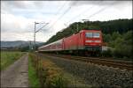 Die Dortmunder 143 208 schiebt die RB91 (RB 39173)  RUHR-SIEG-BAHN  nach Siegen. (30.09.07)