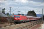 143 106-3 schiebt am 18.03.08 RE 19445 von Stuttgart Hbf nach Aalen, aufgenommen bei der Durchfahrt des ehemaligen Bahnhofs Essingen(b Aalen).