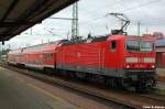 143 569-2 ist gerade mit einer Regionalbahn in Cottbus angekommen und wendet wieder nach Frankfurt (Oder). (18.05.2008)