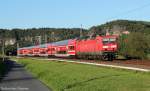 143 205 mit einer S-Bahn nach Bad Schandau am 7.9.13 bei Rathen