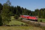 143 364 verlässt mit RB26931 gerade Hinterzarten und strebt Titisee entgegen. Aufgenommen am 10.09.2015