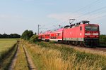 Am 11.06.2015 bespannte die Freiburger 143 972 den HVZ-Verstärker (Freiburg (Brsg) Hbf - Neuenburg (Baden)), als sie südlich von Buggingen ihrem vorletztem Halt in Müllheim (Baden) entegegen fuhr.