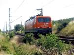 Die 143 001 der ArcelorMittal nutzte das schne Wetter fr eine Testfahrt Richtung Halle/Saale, am 03.07.08 in Landsberg (bei Halle/Saale).