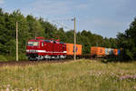 DeltaRail mit der wunderschönen 243 972-7 und einem Containerzug, kommend aus dem Hagenower Land. 3km östlich von Büchen, 26.07.2018