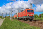 DB Regio 143 248 zog am 22.05.2022 den RE 7 von Stralsund Hbf nach Greifswald. Aufgenommen am Abzweig Srg.