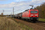 Delta Rail mit der DB Mietpool 143 009 und Kesselzug am 07.11.2022 von Frankfurt Oderbrücke nach Stendell.