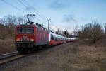 MEG 143 204 mit Talent 3 (Baureihe 4758) Bewegungsfahrt am 08.03.2023 bei Borchtitz.
