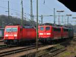 In der Abstellgruppe in Aachen West stehen am 06.04.2012 unter anderem 185 214-4, 151 025-4, eine weitere 151er und eine Cobra.