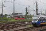 Hier sieht man einen VT 643 der NWB und eine 151er der DB am 9.6.13 in Paderborn.