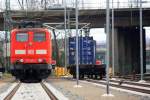 151 026-2 DB,151 135-1 von Railion,151 140-1 DB und eine 152 017-0 DB stehen auf neuen Abstellgleis in Aachen-West am 9.2.2014.