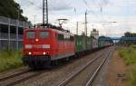 151 032 beförderte am 29.06.14 einen Containerzug aus dem Hamburger Hafen durch Tostedt gen Rotenburg.