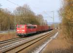 151 034-6 mit Containerzug in Fahrtrichtung Süden. Aufgenommen in Wehretal-Reichensachsen am 02.02.2014.