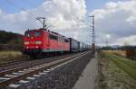 151 141-9 mit einen Walter-Aufliegerzug am 25.02.15 bei Haarbach.