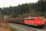 151 169-0 DBSR schiebt einen Güterzug über die Frankenwaldrampe bei Steinbach am 03.12.2015.