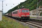 DB Schenker Rail 155 091 mit gemischtem Güterzug auf der rechten Rheinstrecke in Richtung Rüdesheim (Koblenz-Ehrenbreitstein, 14.08.2012).