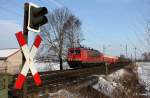 DB 155 032-6 mit Gterzug Richtung Nrnberg, KBS 820 Sonneberg - Lichtenfels - Bamberg - Nrnberg, fotografiert bei Baiersdorf am 31.01.2012