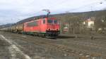 155 023-5 Railion mit Kesselwagen durchfhrt am 21.02.2012 Gemnden am Main Richtung Wrzburg.