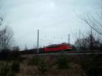 Eine Lok der BR 155 zieht am 29.12.02 einen Gterzug durch die Wuhlheide (Berlin).