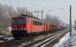 155 056 führte am 31.01.14 einen Ganzzug Hochbordwagen durch Leipzig-Thekla Richtung Mockau.