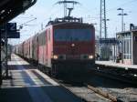 Am 11.März 2014 rauschte 155 160,mit einem Güterzug nach Mukran,durch Bergen/Rügen.