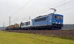 155 045 der PRESS bespannte am 15.02.15 einen leeren Holzzug von Plauen(Vogtland) nach Frankfurt(O).