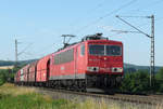27. Juni 2008, wieder einmal der Kohlezug, eine der Standardleistungen der 155 auf der Frankenwaldstrecke. Lok 155 035 in Richtung Saalfeld, fotografiert bei Zettlitz.