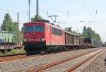 Sechsachsige (Co'Co') E-Lok 155 110-0 (ex DR BR 250) der DB RAILION Logistics mit gemischtem Gterwagenzug am 04.08.2007 in Datteln in Westfalen unterwegs in Richtung Recklinghausen.
(Spitznamen:  Kommibrot ,  Kraftcontainer ,  Hochleistungscontainer, oder auch  Stromcontainer ) 