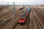 155 179 sowie eine weitere abgebglete BR 155 hngen am 29.03.09 vor einem Containerzug Richtung Leipzig/Halle.