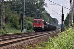 155 036 mit einem Rhrenzug kurz vor Stralsund/Abzwg. Srg nach Mukran am 17.08.09