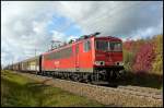 155 132-4 mit FE 45506 von Rostock-Seehafen nach Malm Godsbangard am 17.10.2008 zwischen Langendorf und Hp Grnhufe.