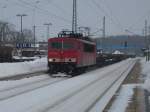 155 151 mit dem leeren Rhrenzug aus Mukran,bei der Durchfahrt,durch Bergen/Rgen,begab sich am 16.Februar 2010 wieder nach Mhlheim um neue Rhren fr die Ostseegasleitung zuholen.