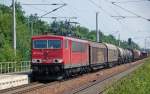 155 248 zieht am 27.07.10 einen gemischten Gterzug durch Burgkemnitz Richtung Bitterfeld.