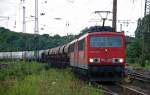 155 143 zieht am 31.07.10 einen Gterzug samt Wagenlok aus Richtung Weimar kommend durch Leipzig-Leutzsch Richtung Gterring.