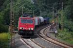 155 159-7 berquert hier mit einem der zahlreichen gemischten Gterzge whrend der Umleiterzeit den Duneviadukt bei Neuenbeken, 10.08.2011.