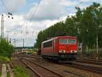 Der Strom-Container 155 097-9 ex DR 250 097-9 fhrt am 10.07.2012 solo von Kreuztal in Richtung Siegen.