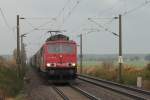 155 103 wird am 15.10.2013 mit ihrem Güterzug aus Richtung Riesa kommend gleich den Haltepunkt Kühren durchfahren