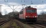 155 168 fuhr am 22.02.14 mit einem langen gemischten Güterzug durch Leipzig-Thekla weiter nach Engelsdorf.