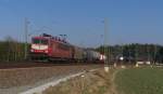 7000 PS für 4 Wagen.  Energiecontainer  155 219-9 mit großem Latz bringt ihren Kurzgüterzug durch das Vogtland nach Hof. 14.03.2014 - Bahnstrecke 6362 Leipzig - Hof 