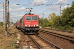 Nach einem Lokführerwechsel setzte 155 006-0 samt einer angehangenen 145 und einem langen, gemischten Güterzug am 24.09.16 in Priort ihre Fahrt in Richtung Süden fort. (Das Bild entstand vom Bahnsteigende.) 