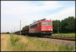 Railion 155104-3 fährt hier mit einem leeren Autotransportzug am 23.7.2007 in Richtung Osnabrück durch Ibbenbüren Esch.