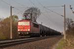 155 273 mit einem Kesselwagenzug in Richtung Oschatz unterwegs am 17.04.2012 bei Bornitz.