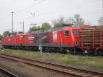 Am 03.05.2012 fuhr MEG 602 (143 204)und MEG 802 (156 002)mit einem Holzzug durch Stendal.