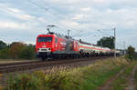 Mit einem Kesselwagenzug am Haken rollte 156 001 am Morgen des 24.09.20 durch Jeßnitz Richtung Bitterfeld.