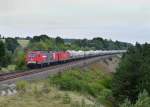 MEG 802 (156 002) + MEG 604 (143 257) und einem leeren Zementzug am 11.09.2012 unterwegs bei Laaber.