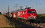 156 004-4 (Lok 804) bewegt sich mit geschlossenen Autotransportwagen auf das rote Blocksignal in Braschwitz Richtung Halle (Saale) zu.