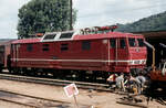 Ein weiteres Bild der DR-Elektrolok 230 004 in bordeauxrot hinter Gleisarbeitern am 20.07.1991 im Bf.