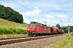 180 013 ist auf der Elbtalbahn unterwegs Richtung Bad Schandau mit einem Ganzzug bestehend aus Tanoos-Wagen am 19.7.2011 bei Kurort Rathen.