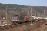 180 020-0 mit einem kurzen gemischten Gterzug in Knigstein. Die Fahrt ging in Richtung Dresden. Fotografiert am 09.02.2011. 