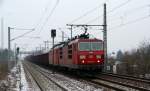 180 013 mit 180 *** im Schlepp durchfuhren am 20.01.13 mit ihrem gemischten Gz Dresden Strehlen.